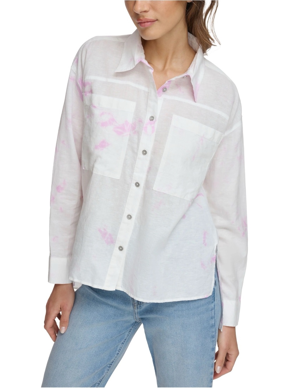 DKNY Jeans white and pink tie-dye long-sleeve button-up shirt xxs